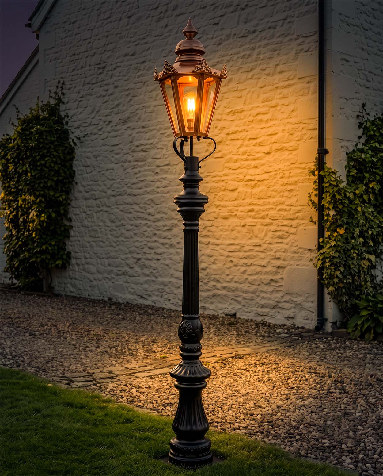 Ornate Lamp Post with Hexagonal Copper Lantern Digital Illustration At Night