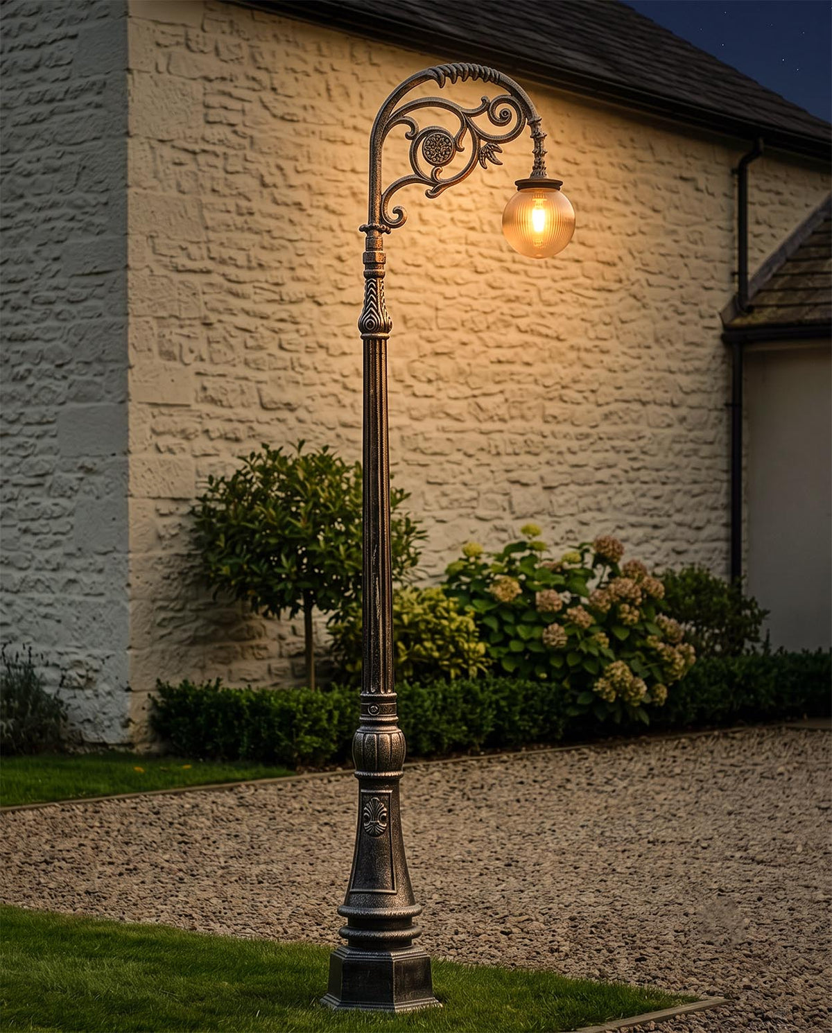 2.5m Antique Silver Globe Cast Iron Lamp Post Digital Illustration At Night