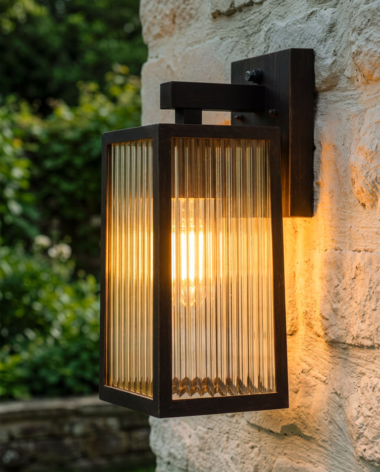 'Boîte' Ribbed Glass Copper Wall Light Digital Illustration At Night