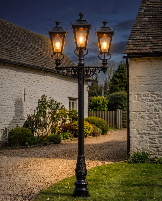 'Windsor' Triple Head Gothic Garden Lamp Post Digital Illustration At Night
