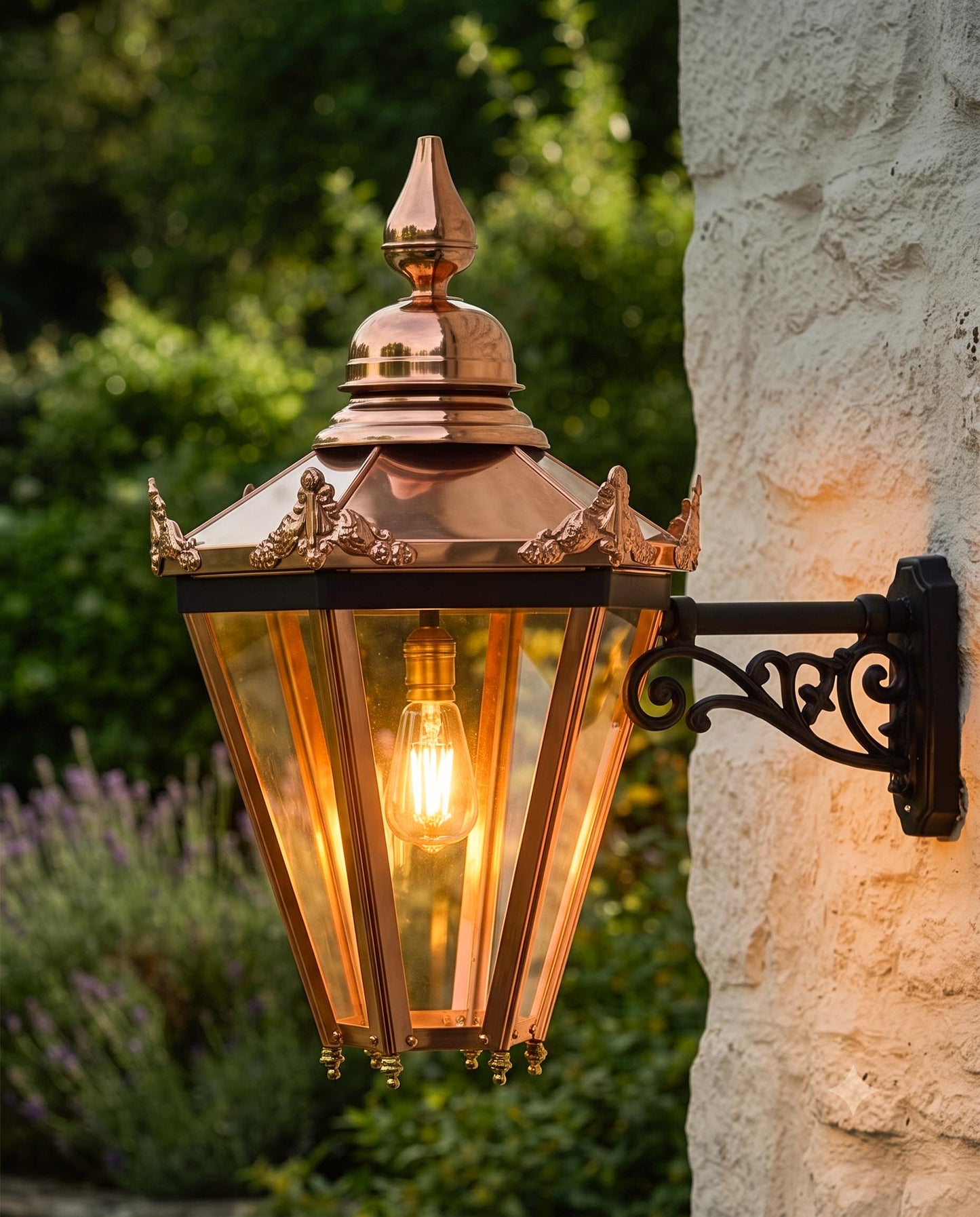 'Horwood' Copper Hexagonal Lantern With Bracket Digital Illustration At night