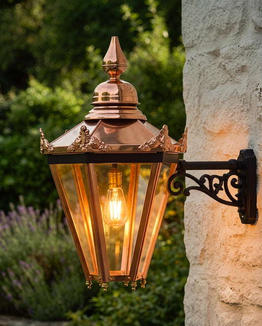 'Horwood' Copper Hexagonal Lantern With Bracket Digital Illustration At night
