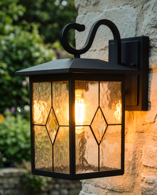 Black Contemporary 'Searchlight' Rectangular Top Fix Wall Light At Night