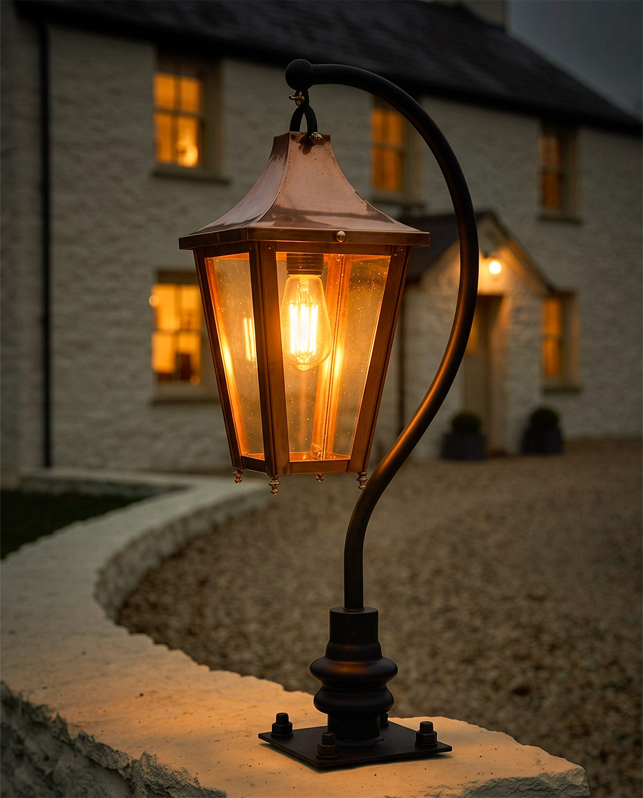 Copper Swan Neck Driveway Post Light - 97cm Digital Illustration At Night 