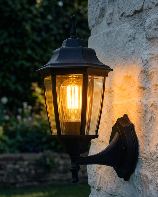 TRADITIONAL BLACK ALUMINIUM VICTORIAN WALL LANTERN Digital Illustration At Night