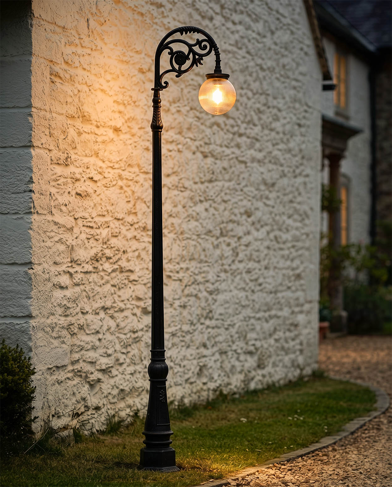 3.1m Antique Black Traditional Globe Cast Iron Lamp Post Digital Illustration At Night 