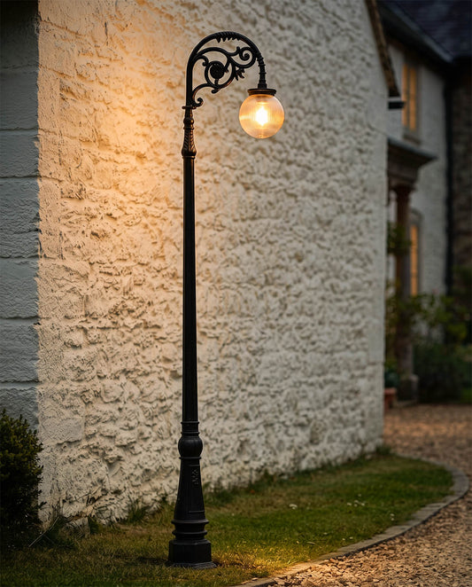 3.1m Antique Black Traditional Globe Cast Iron Lamp Post Digital Illustration At Night 