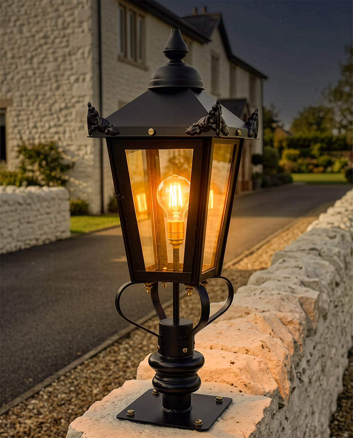 Black Victorian Lantern & Pillar Post - 83cm Digital Illustration At Night