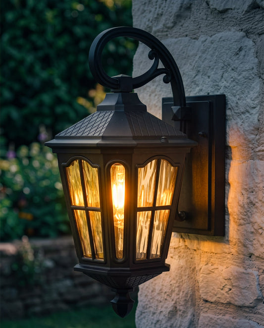TRADITIONAL BLACK VICTORIAN FISHHOOK WALL LANTERN Digital Illustration At Night