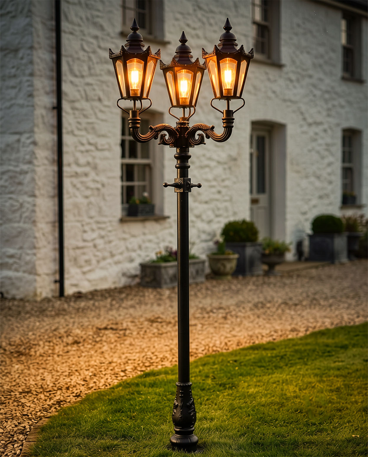 Deluxe Triple Head Hexagonal Victorian Lamp Post Digital Illustration At Night