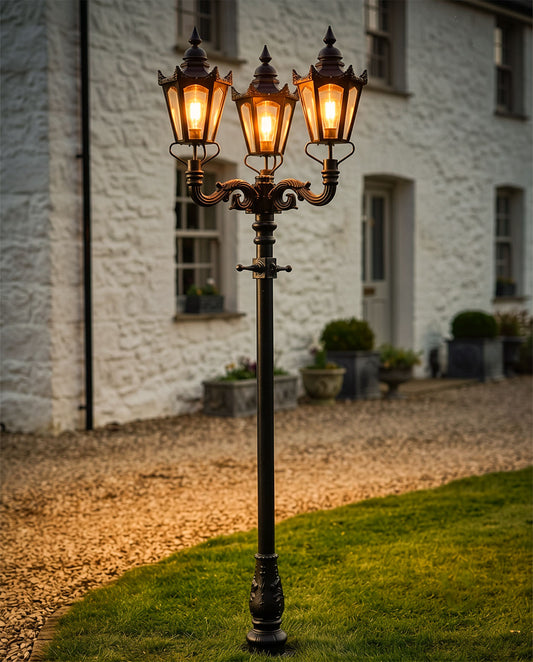 Deluxe Triple Head Hexagonal Victorian Lamp Post Digital Illustration At Night