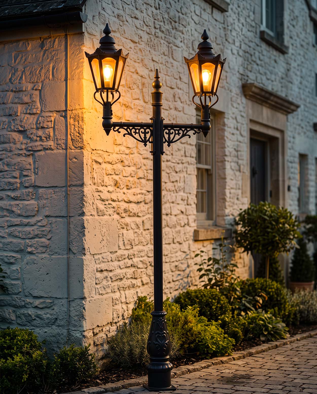 Black Hexagonal Dual Head Lamp Post Digital Illustration At Night