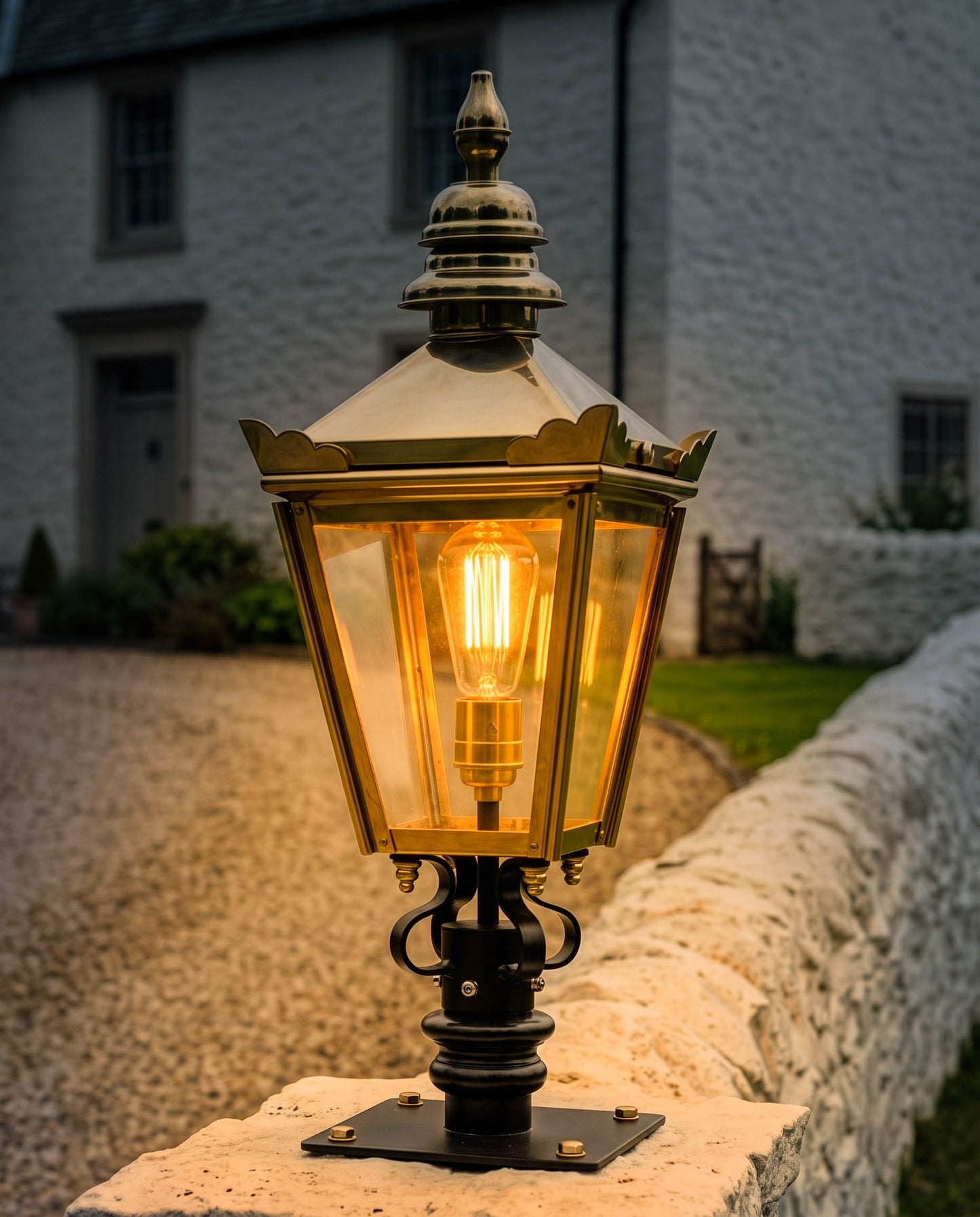 Polished Brass Kensington Lantern & Pillar Post Set 64cm Digital Illustration AT Night