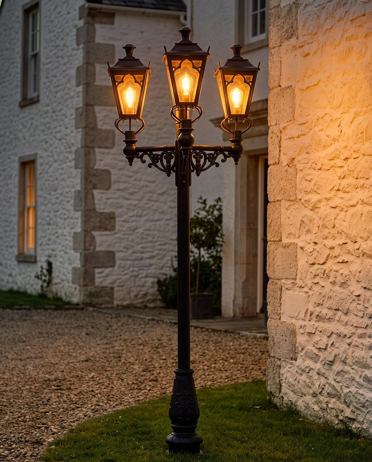 “Windsor” Triple Head Gothic Lantern and Lamp Post Set Digital Illustration At Night