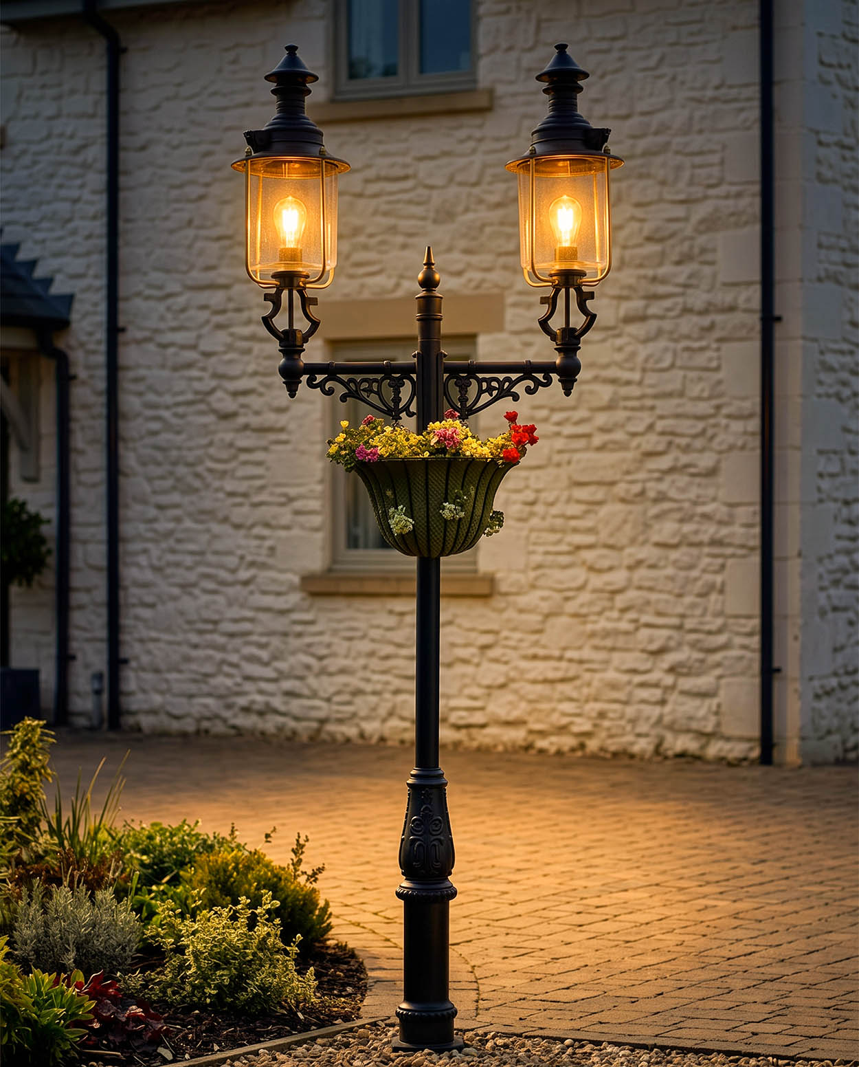 Victorian Double Head Belgravia Lamp Post 4.1m with Flower Basket Digital Illustration At Night