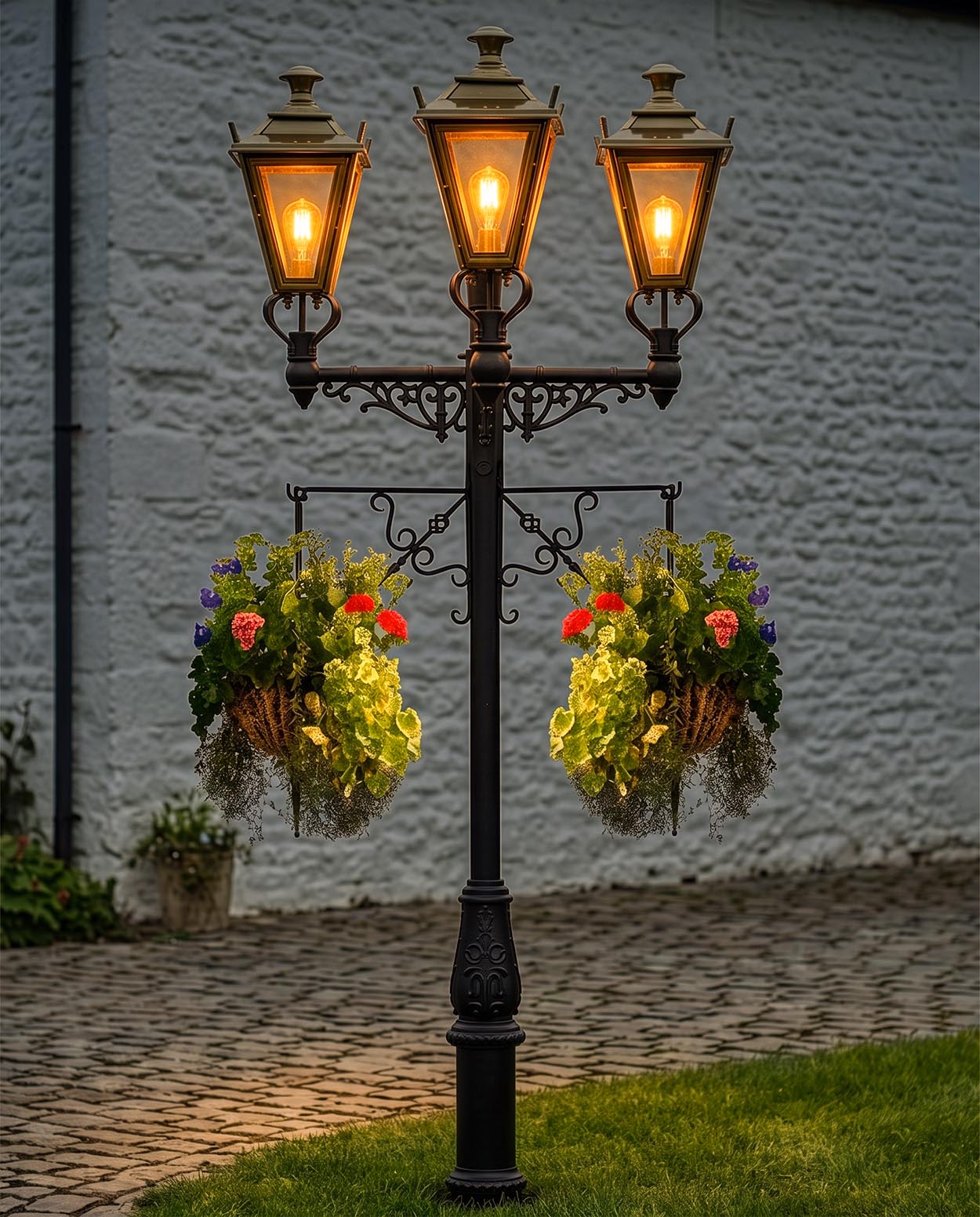 Triple Headed Traditional Lamp Post with Hanging Baskets Digital Illustration At Night