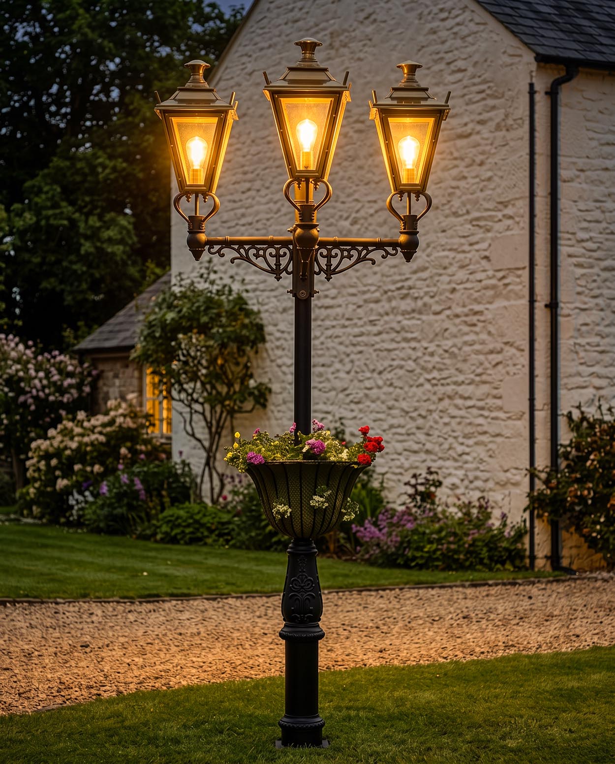 Triple Headed 'Dorchester' Lamp Post with Flower Basket Digital Illustration At Night