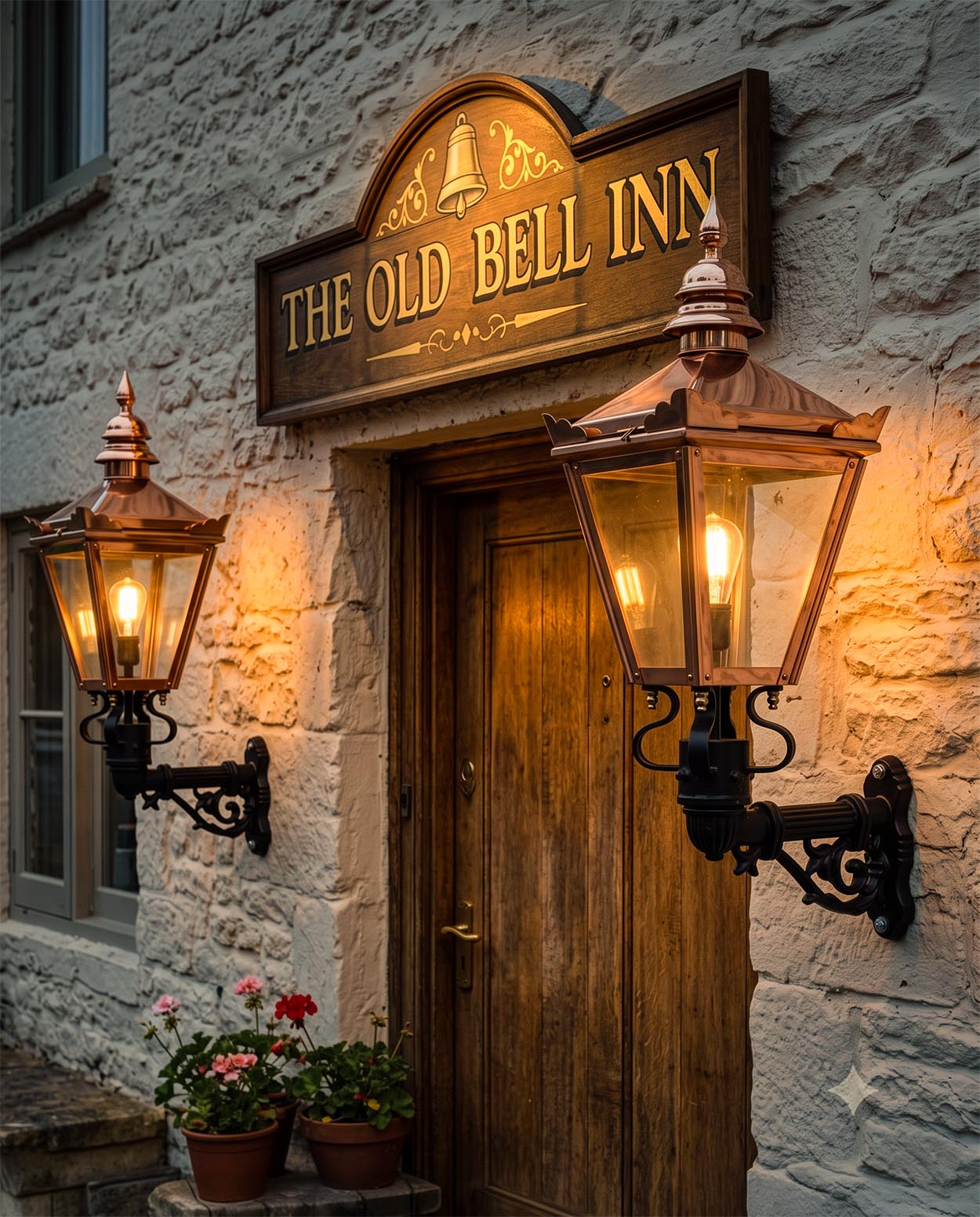 Pair of 'Kensington' Copper Pub Wall Lantern Digital Illustration AT Night