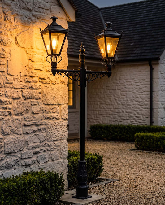 Black 'Dorchester' Double Head Lamp Post Digital Illustration At Night