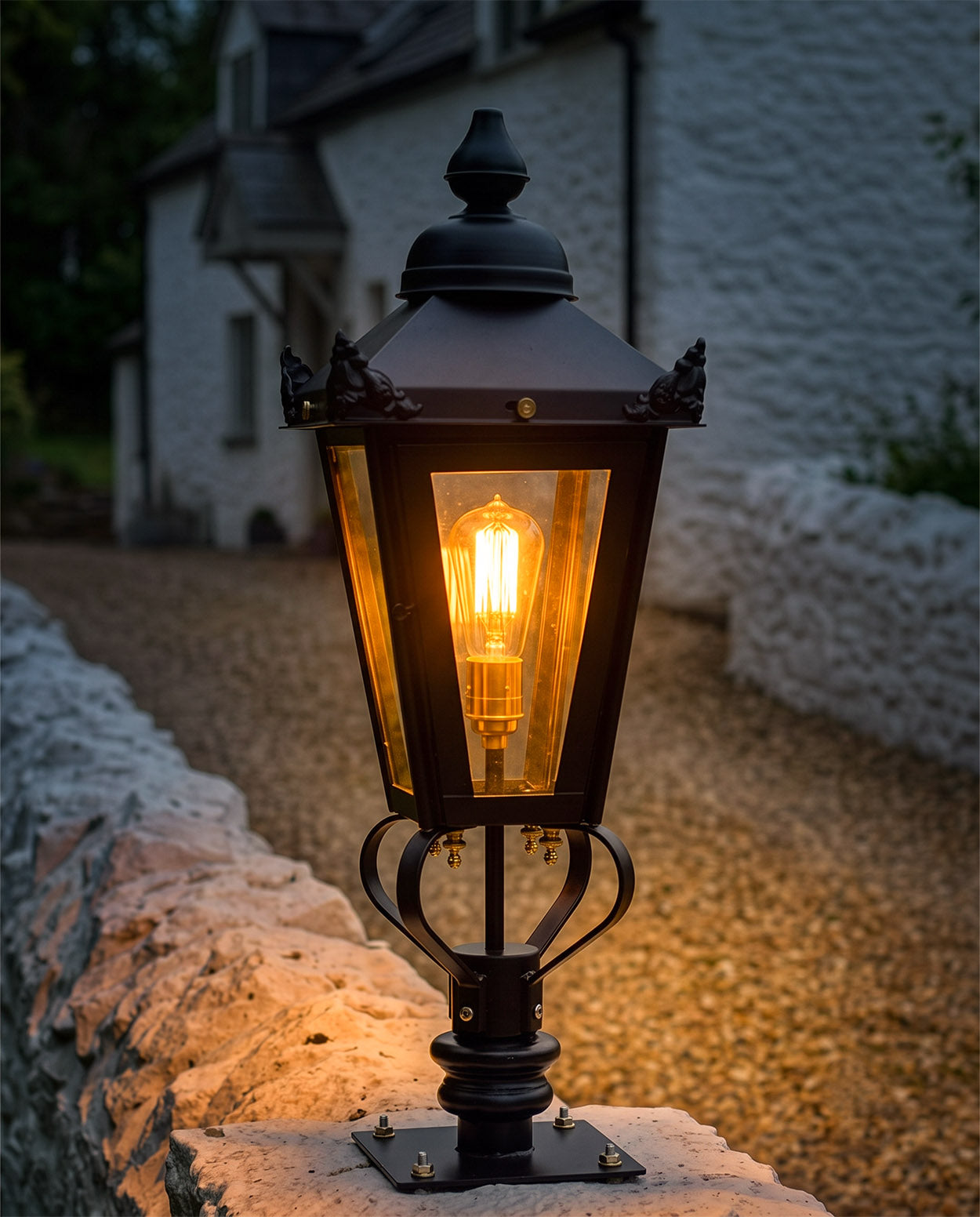 Black Victorian Lantern & Pillar Post - 71cm Digital Illustration AT Night 