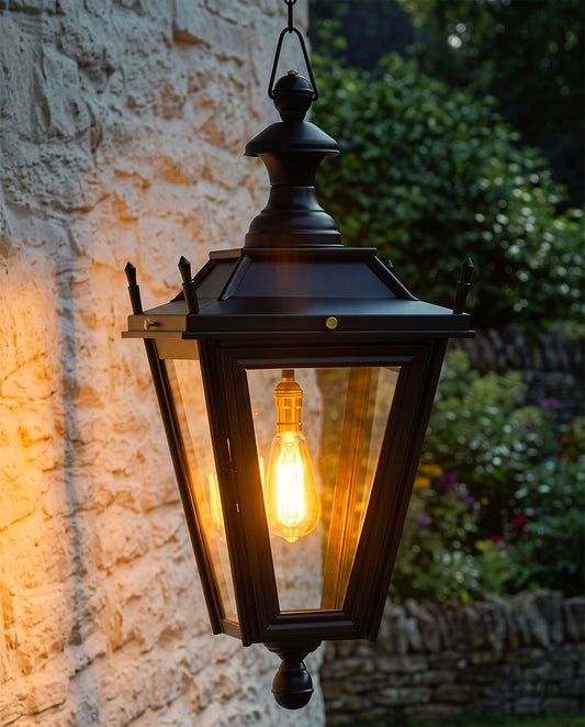 Black Hanging 'Dorchester' Lantern on Chain Digital Illustration At Night