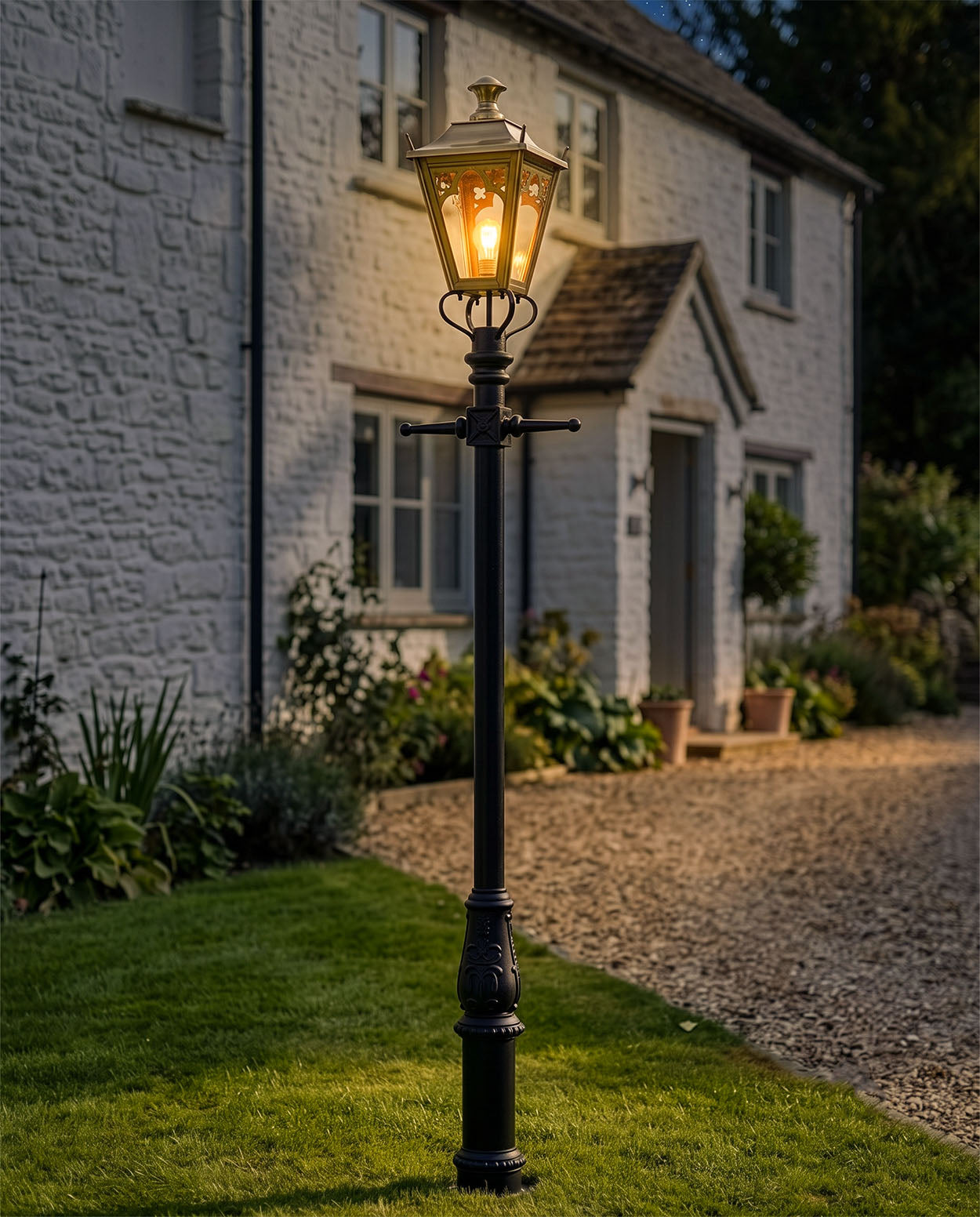 'Knightsbridge' 3.7m Polished Brass Lamp Post Set Digital Illustration At Night 