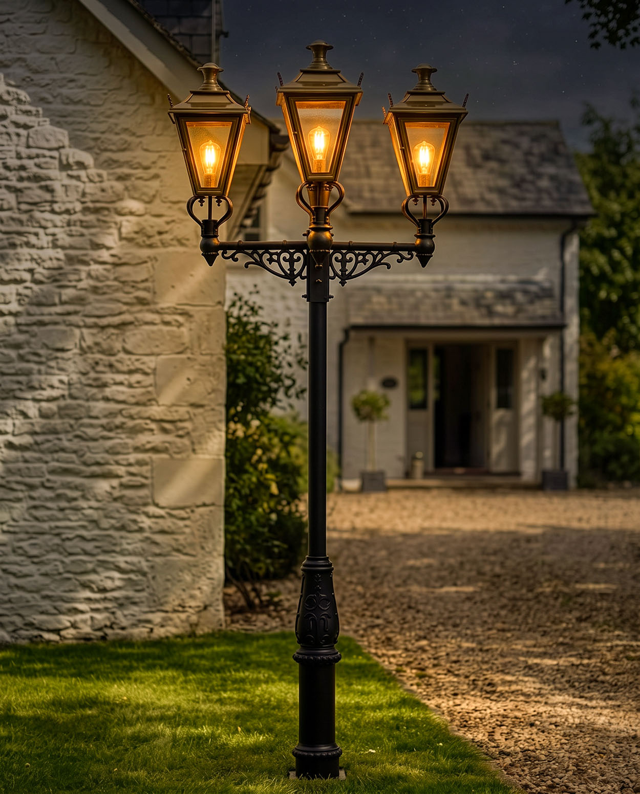 Triple Head Antique Brass 'Dorchester' Lamp Post Digital Illustration AT Night