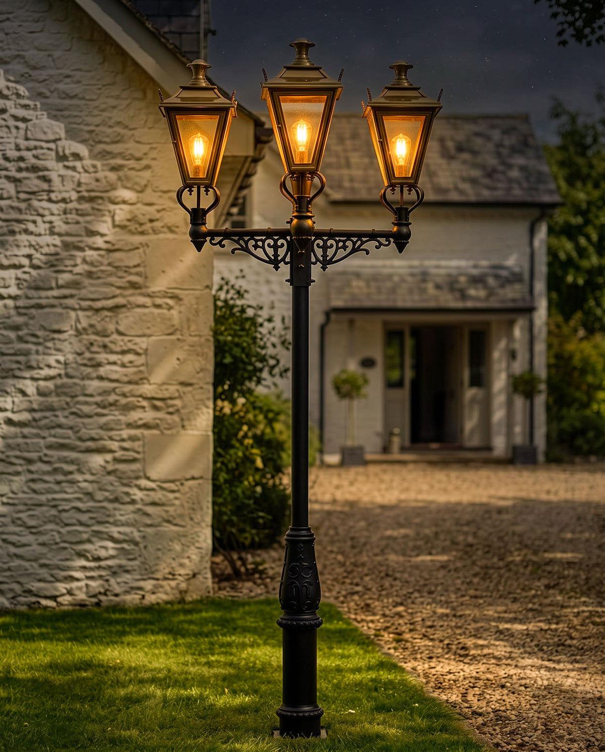 Triple Head Antique Brass 'Dorchester' Lamp Post Digital Illustration AT Night