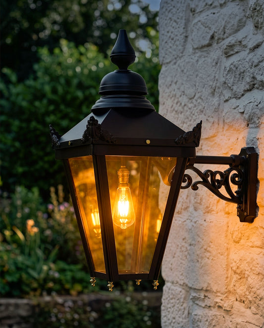 'Halton' Victorian Black Square Wall Light At Night