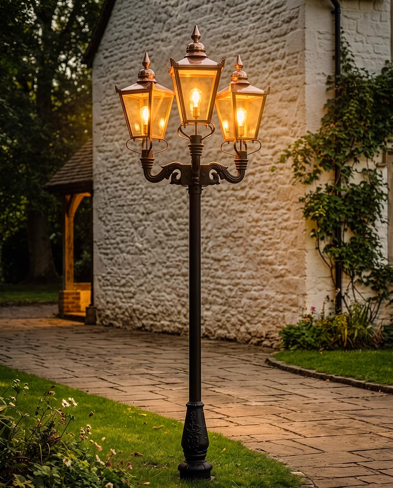 “St James” Three Headed Copper Lantern and Lamp Post Digital Illustration At Night
