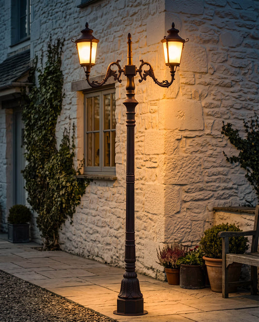 'LEVERINGTON' DOUBLE HEADED VICTORIAN LAMP POST IN RED Digital Illustration At Night