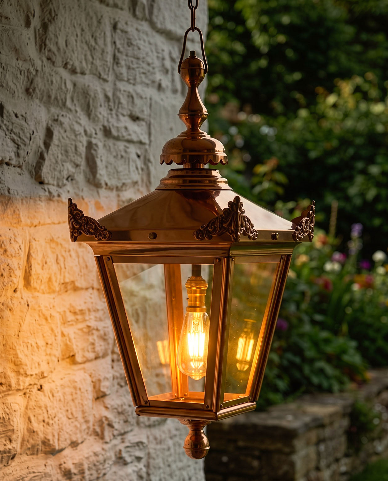 VICTORIAN COPPER CHAIN LANTERN In A Lush Garden At Night