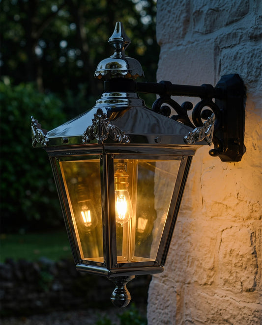 BRIGHT CHROME VICTORIAN HANGING WALL LANTERN Digital Illustration At Night
