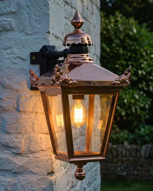 COPPER TOP FIX WALL LANTERN WITH CORNER MOUNT BRACKET Digital Illustration At Night