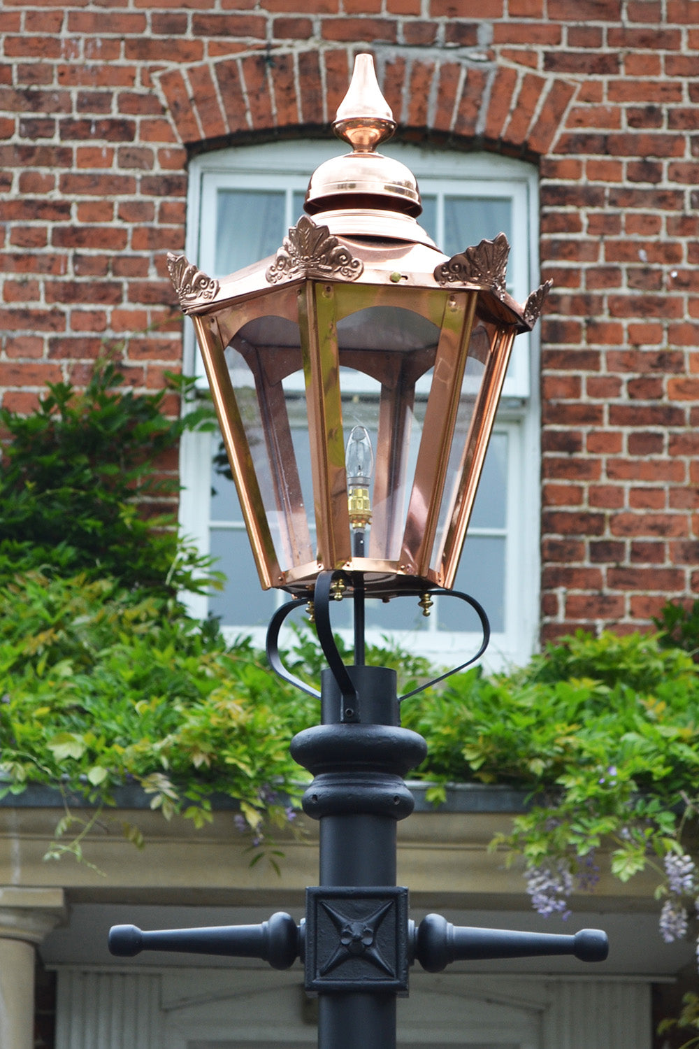 Copper Hexagonal Lantern On The Traditional Garden Lamp Post 