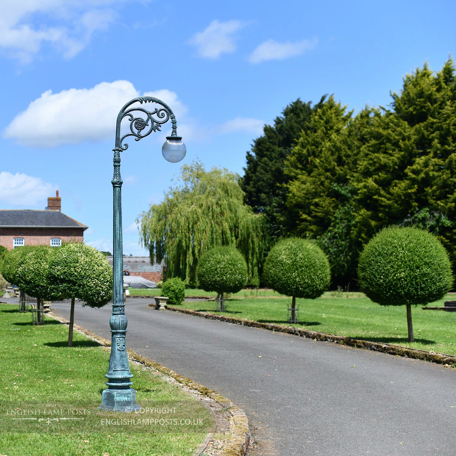 Antique Blue Deluxe Victorian Globe Cast Iron Lamp Post Installed On Driveway