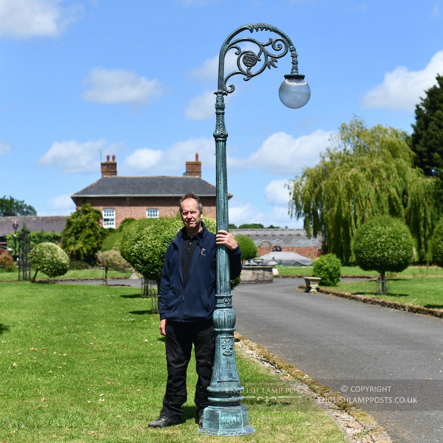 Antique Blue Deluxe Victorian Globe Cast Iron Lamp Post Scale Shot