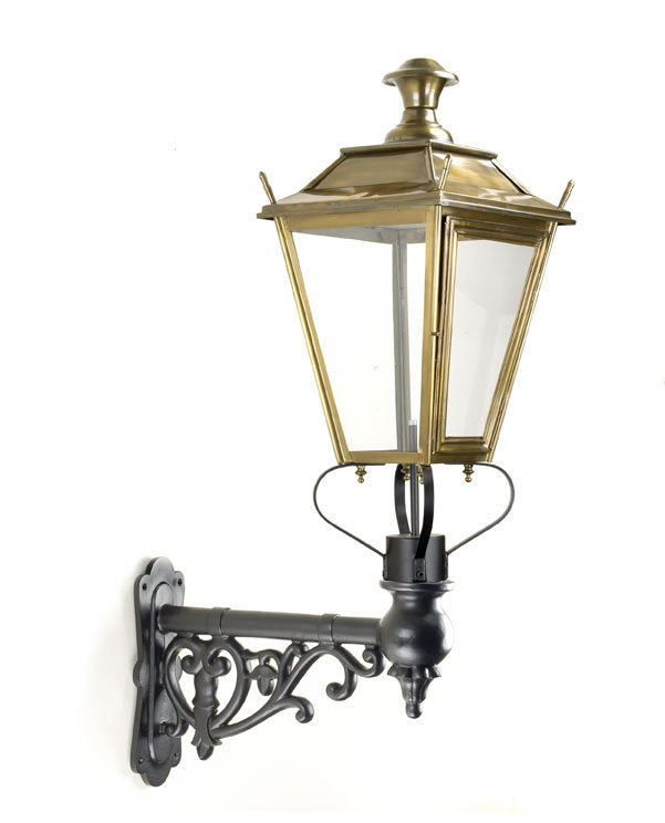 antique brass garden wall light on ornate bracket