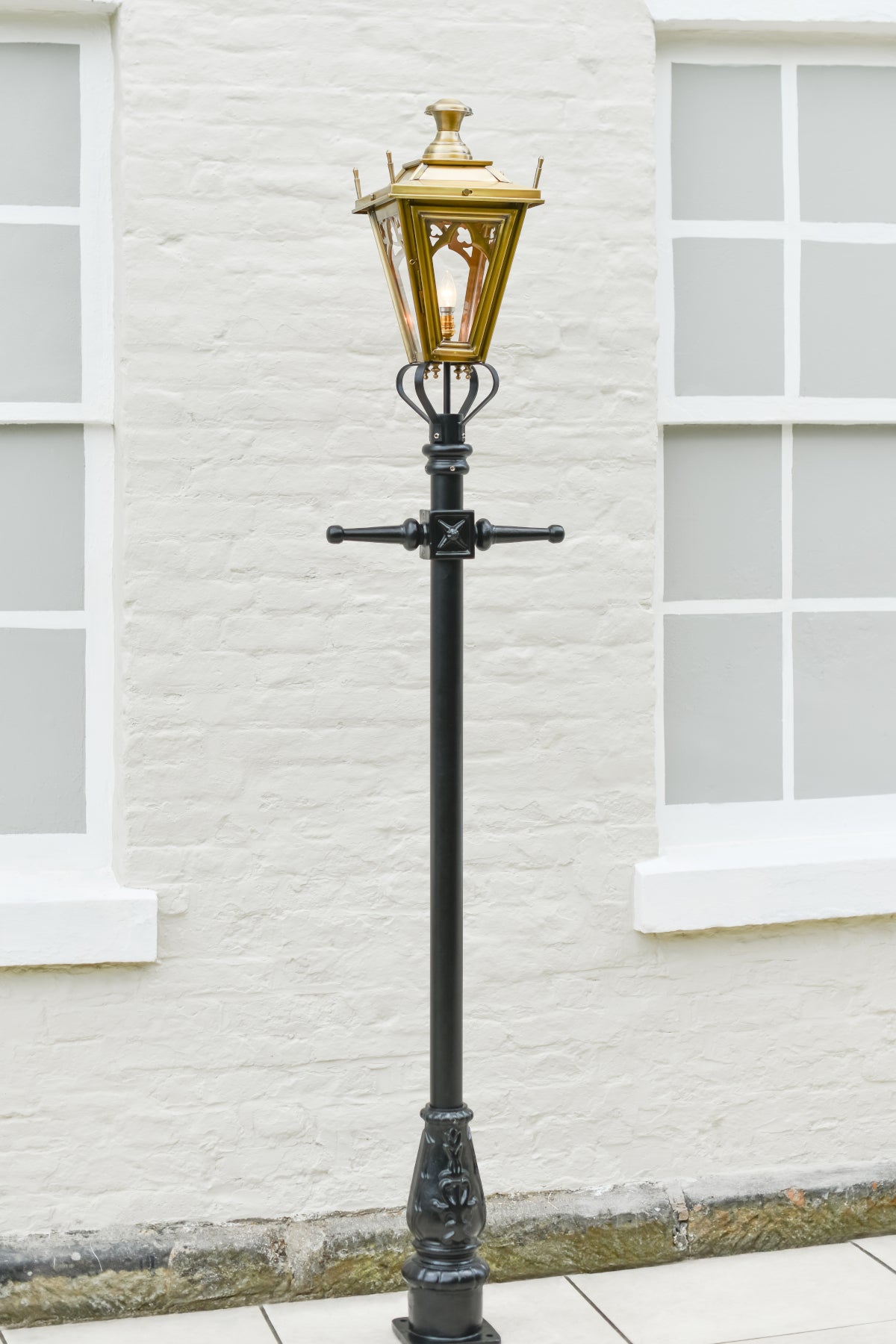 Antique Brass Gothic Garden Feature Lamp Post In Garden Setting
