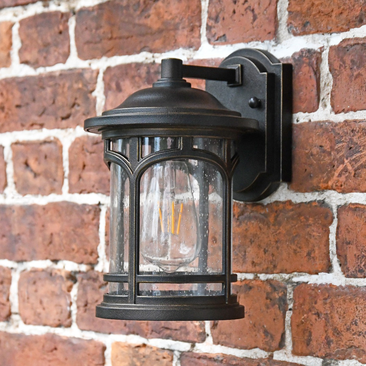 Antique Bronze Flush Wall Lantern With Seeded Glass