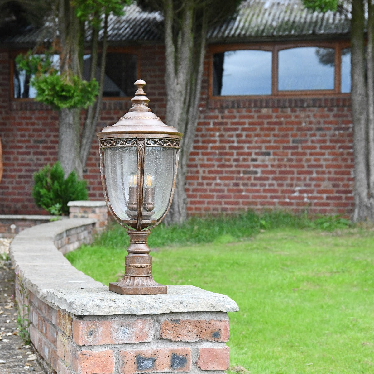 Antique Bronze Pillar Post Lantern with Seeded Glass Lantern