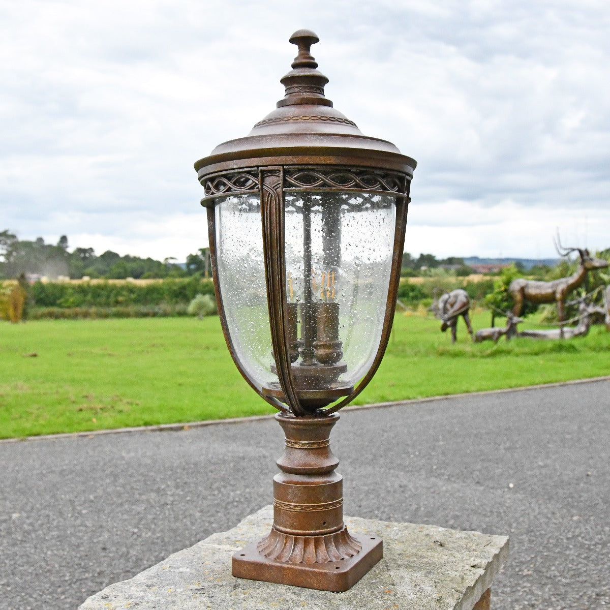 Antique Bronze Pillar Post Light On Driveway Pillar