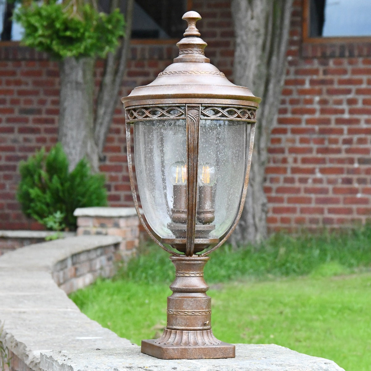 Antique Bronze Pillar Post Light with Seeded Glass Lantern