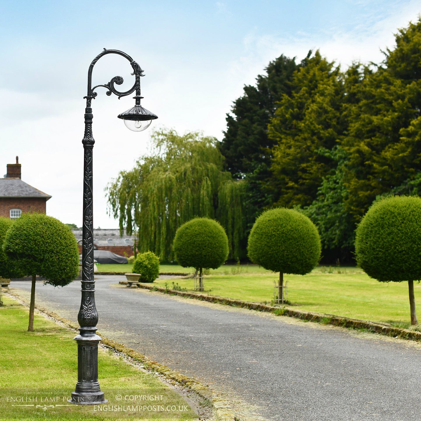 Antique Silver Deluxe Victorian Cast Iron Lamp Post Installed On Driveway