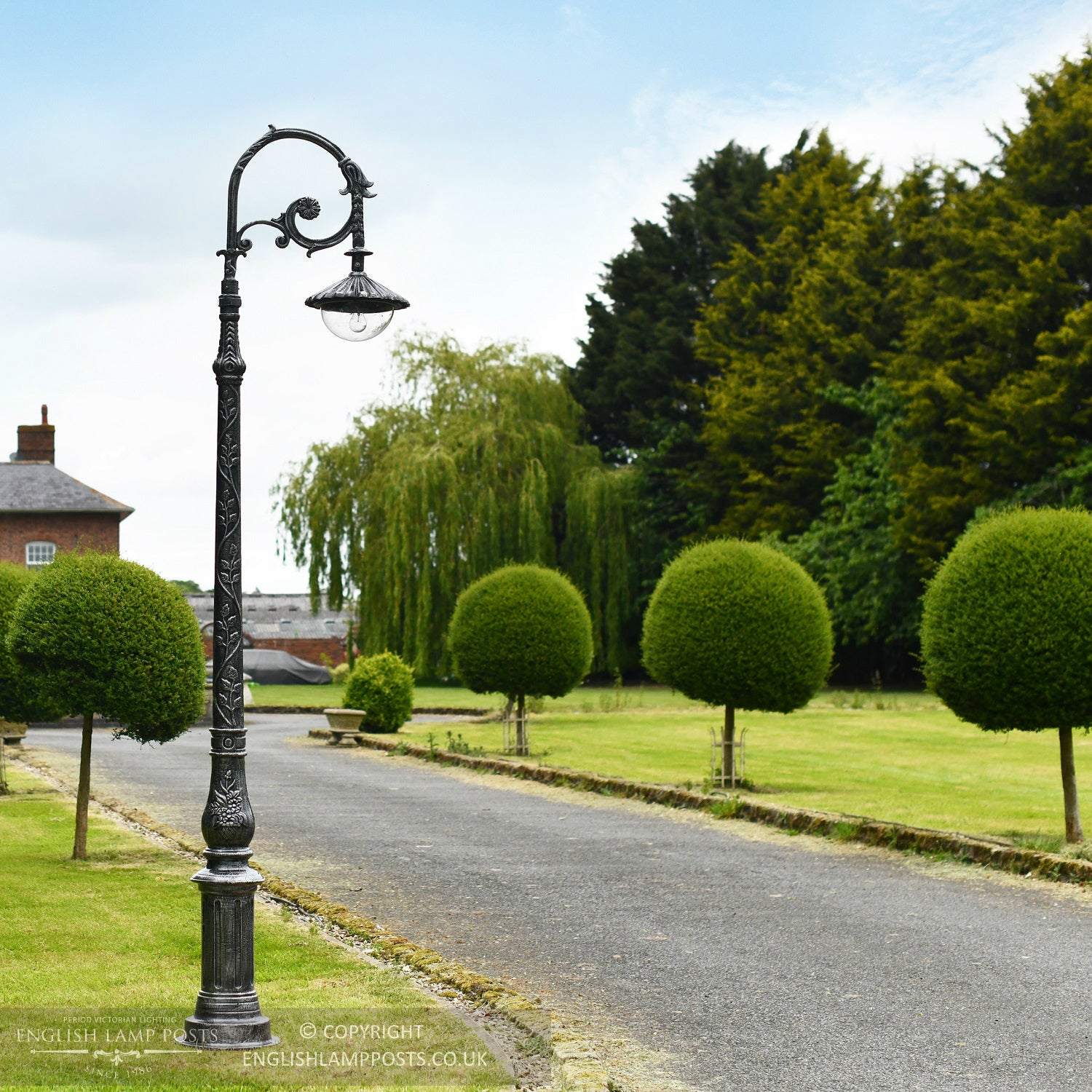 Antique Silver Deluxe Victorian Cast Iron Lamp Post Installed On Driveway