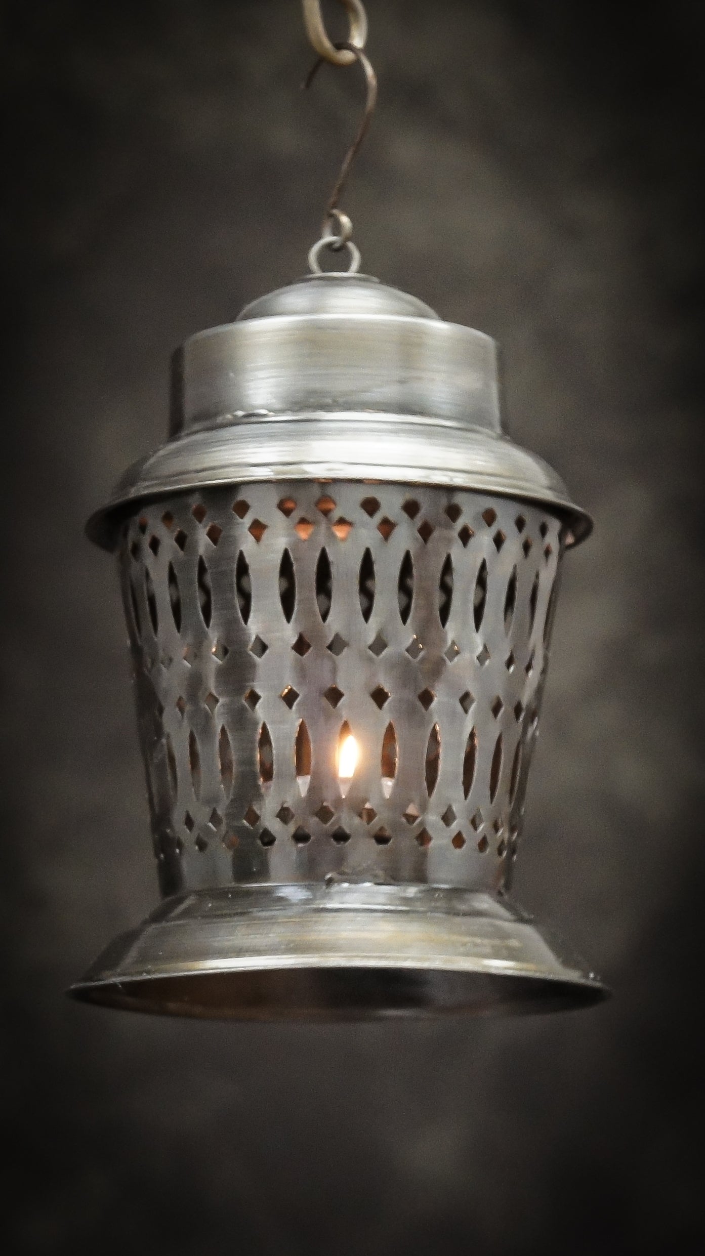 Large Antique Silver Etched Hanging Candle Lantern