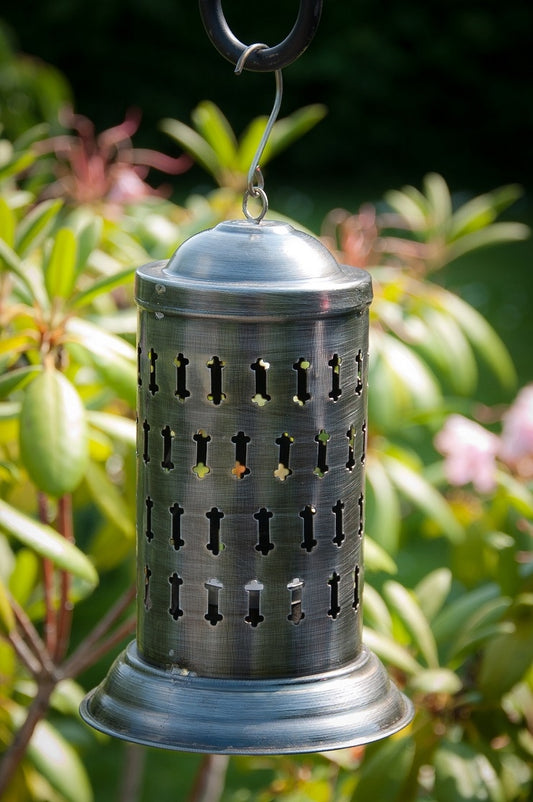 7" Antique Silver Etched Hanging Candle Lantern