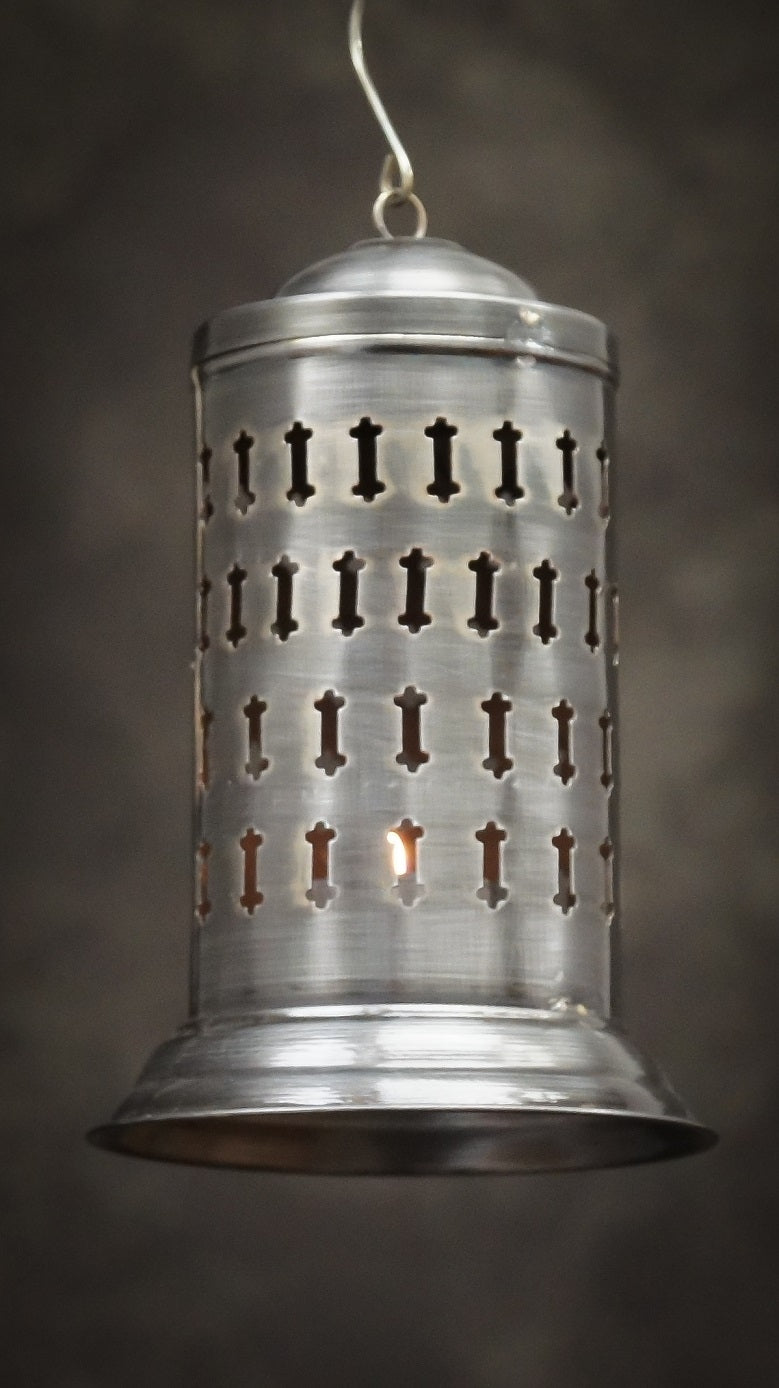 7" Antique Silver Etched Hanging Candle Lantern