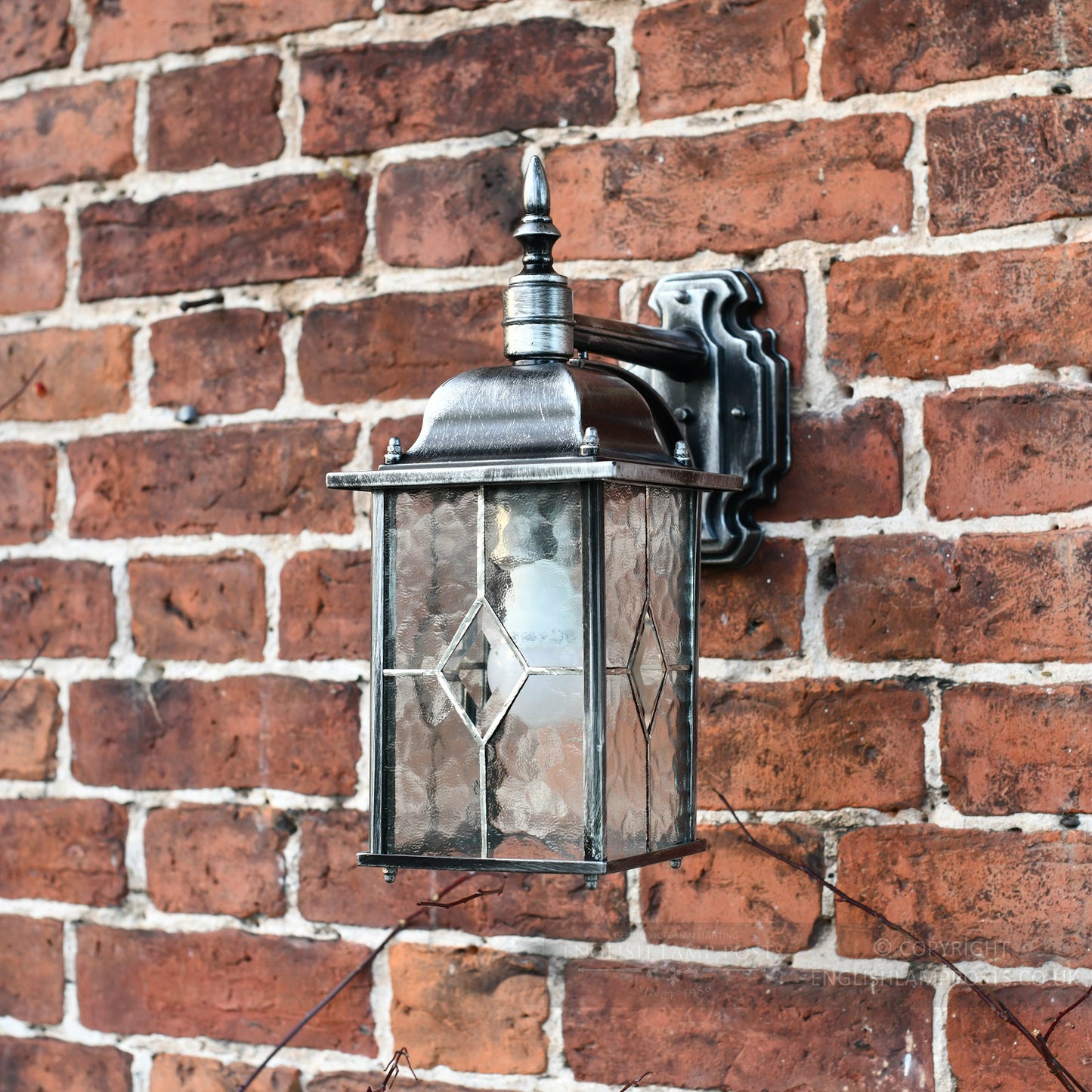 Antique Silver Top Fix Traditional Wall Light With Leaded Glass