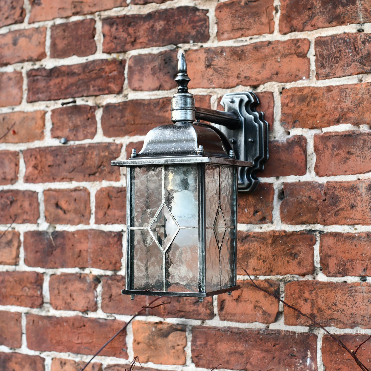 Antique Silver Top Fix Traditional Wall Light With Leaded Glass